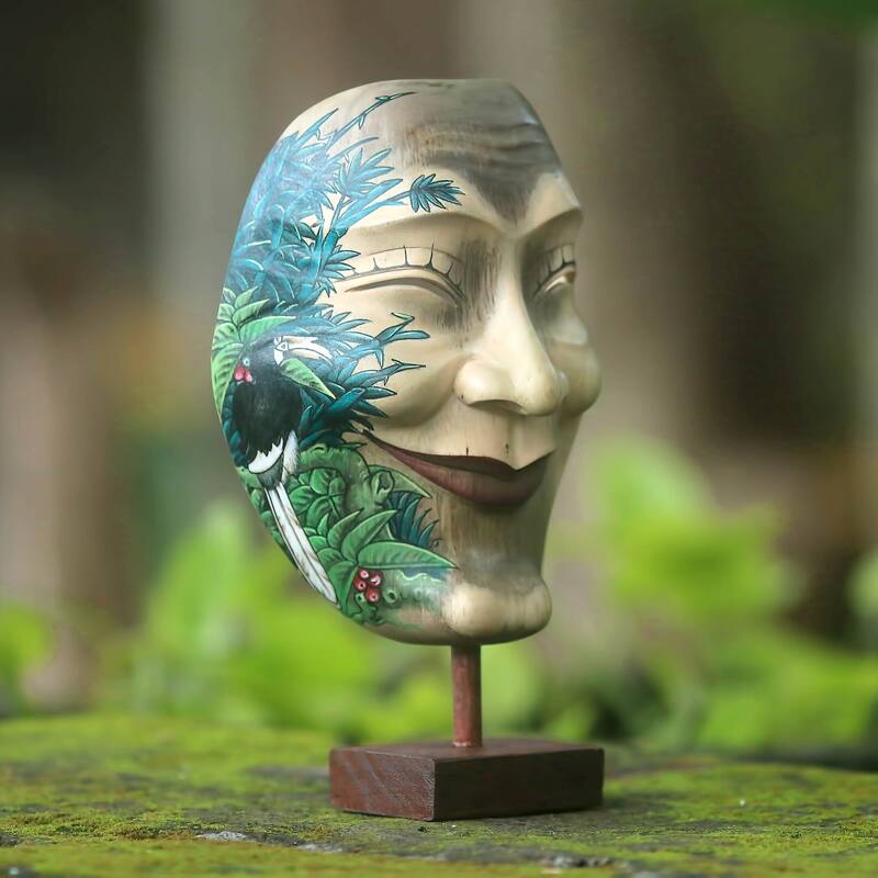 Novica Handmade Blissful Smile Wood Mask