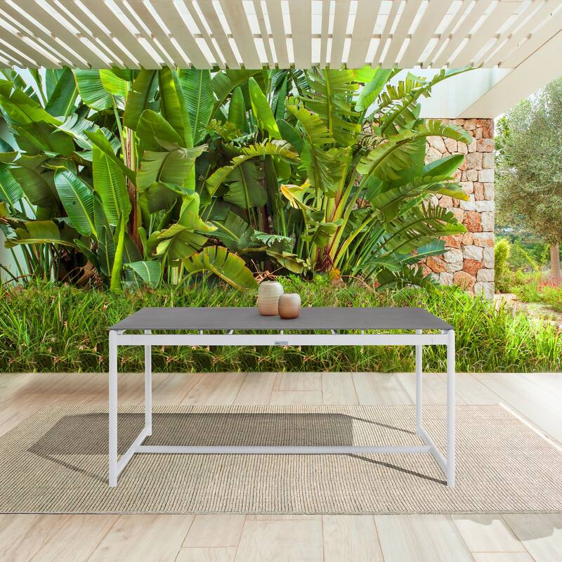Royal Black or White Aluminum & Teak 63" Outdoor Dining Table with Stone Top