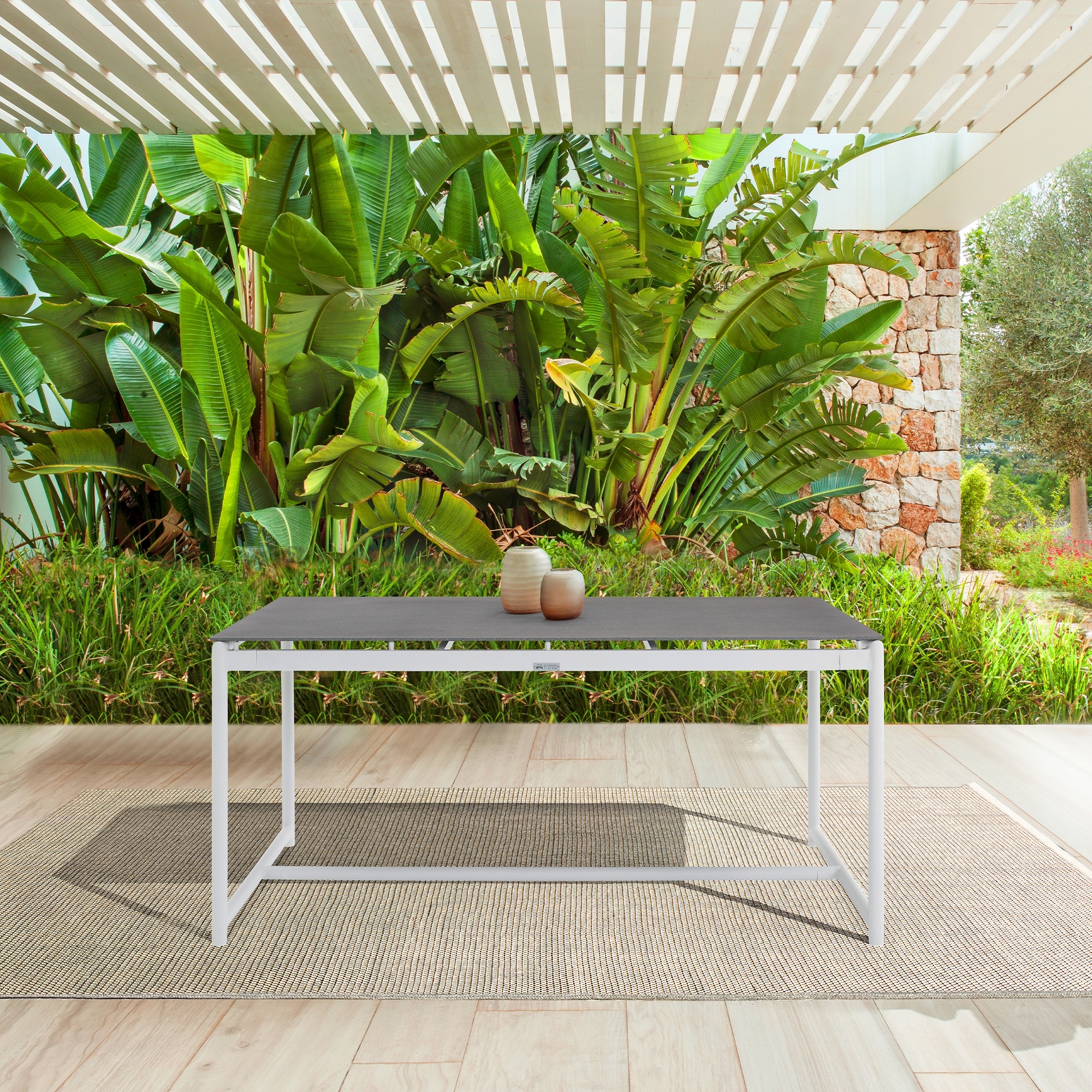 Royal Black or White Aluminum & Teak 63" Outdoor Dining Table with Stone Top