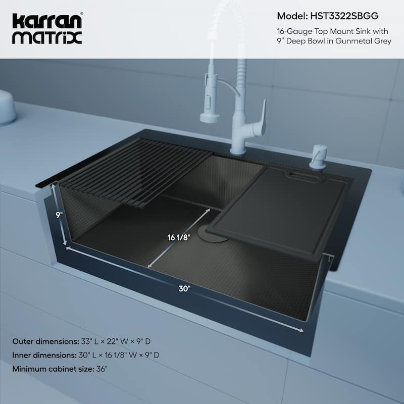 Matrix 33" Top Mount Workstation 16 Gauge Single Bowl Stainless Steel Kitchen Sink with Accessories