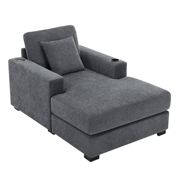 Nonlita Oversized Chaise Lounge Chair Indoor, Upholstered Sleeper Recliner Chair With Ottoman & Armrests, Faux Rabbit Fur Reading Chair Single Sofa Couch, Hidden Storage, Cup Holders, Grey