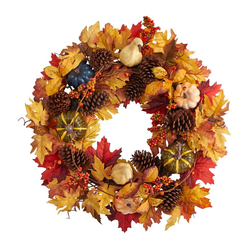 Maple Leaves and Pumpkin Artificial Fall Harvest Wreath - 26" - Unlit