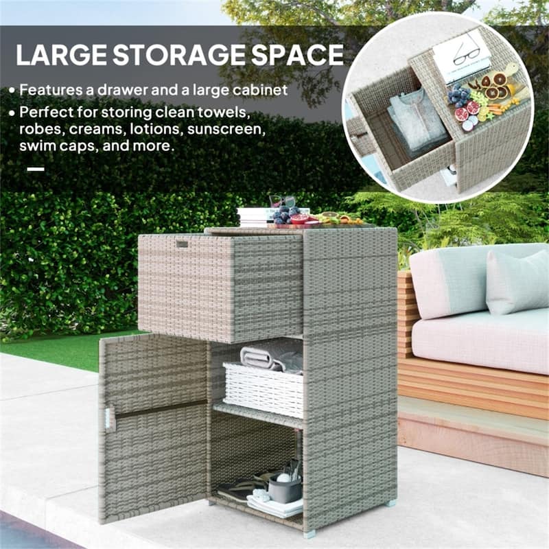 Grey Rattan Outdoor Storage Cabinet with Drawer and Magnet-Sealed Waterproof Shelves for Patio - 23.6" L x 23.6" W x 47.2" H