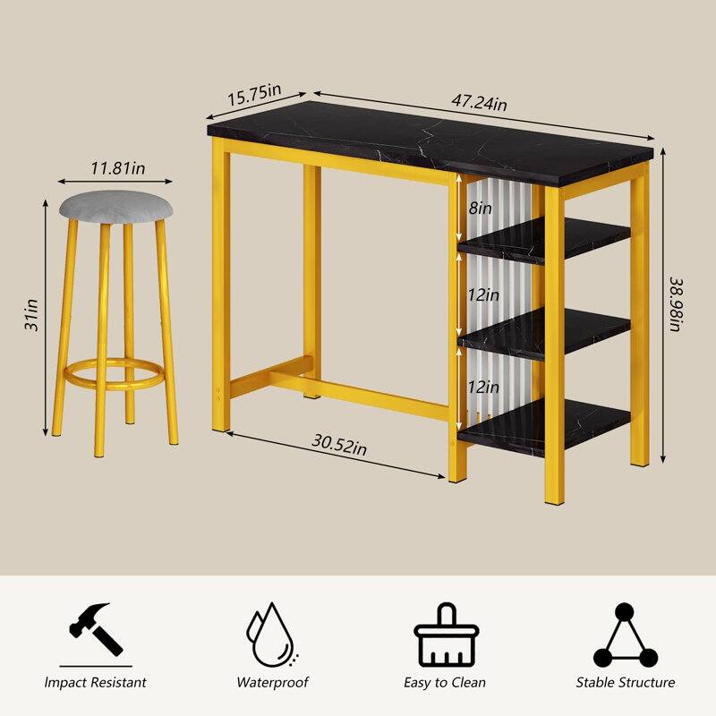 Bar Table Set with Storage Shelves, Faux Marble Breakfast Table with 2 Velvet Stools for Kitchen/Dinning Room/Living Room/Studio