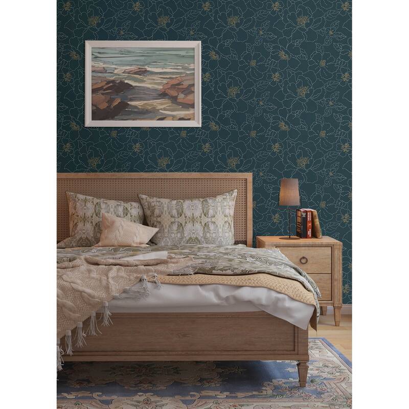 A-Street Prints Gardena Indigo Embroidered Floral Wallpaper