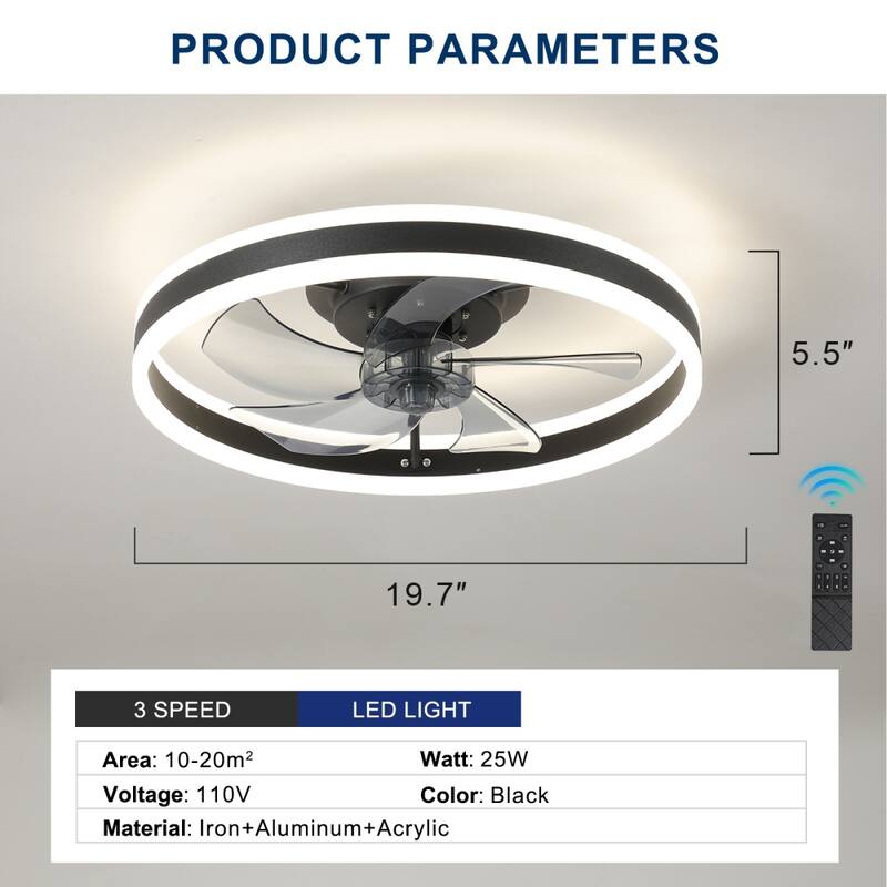 20" Dimmable LED Ceiling Fan 6 Speeds with Light and Remote Control