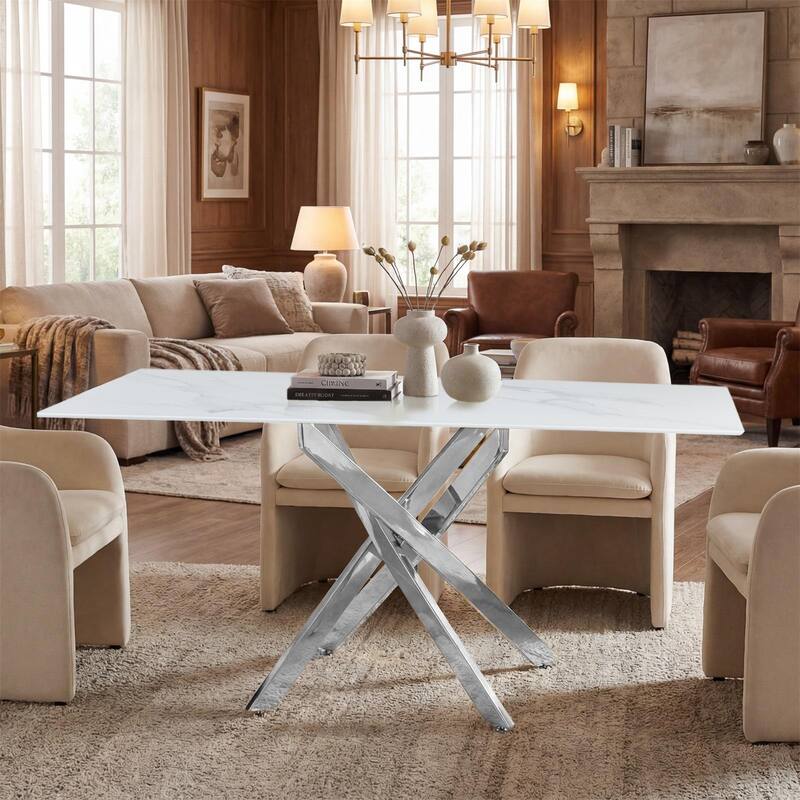 Modern rectangular tempered glass table and silver iron frame