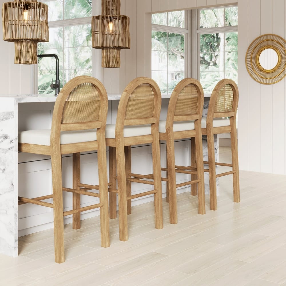 Bailey Boucle Upholstered Rattan Bar Stool or Counter Height Stool with Natural Rattan Woven Back For Kitchen Island