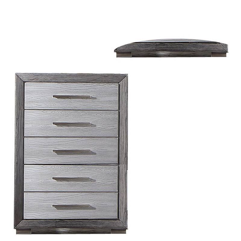 Reno 52 Inch Tall Dresser Chest, Brushed Gray Wood, Chrome Bracket Legs