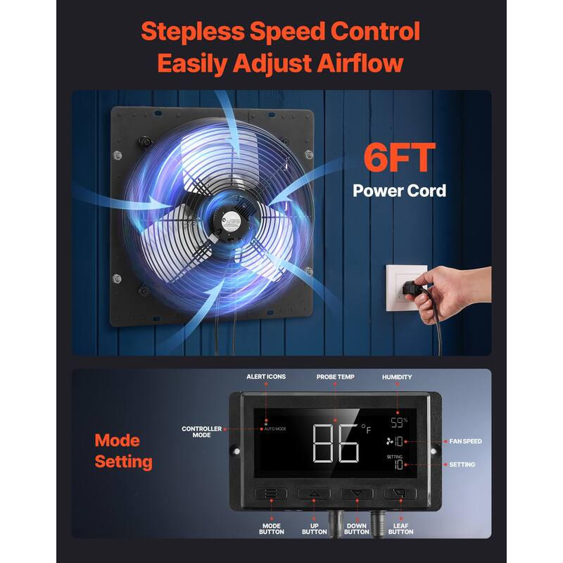 14 inch Shutter Exhaust Fan, Wall Mounted Attic Vent Fan with Programming Variable Speed Temperature Control, 2000 CFM, EC Motor