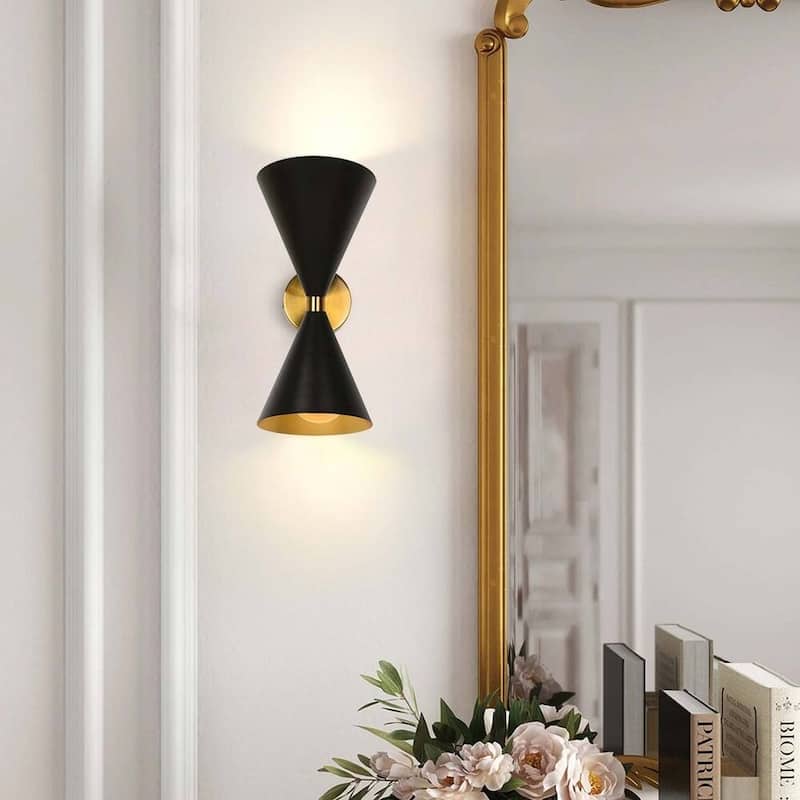 2-Pack 2-Light Industrial Cone Adjustable Head Bathroom Vanity Light Dual Horn Hourglass Black Gold Wall Sconce