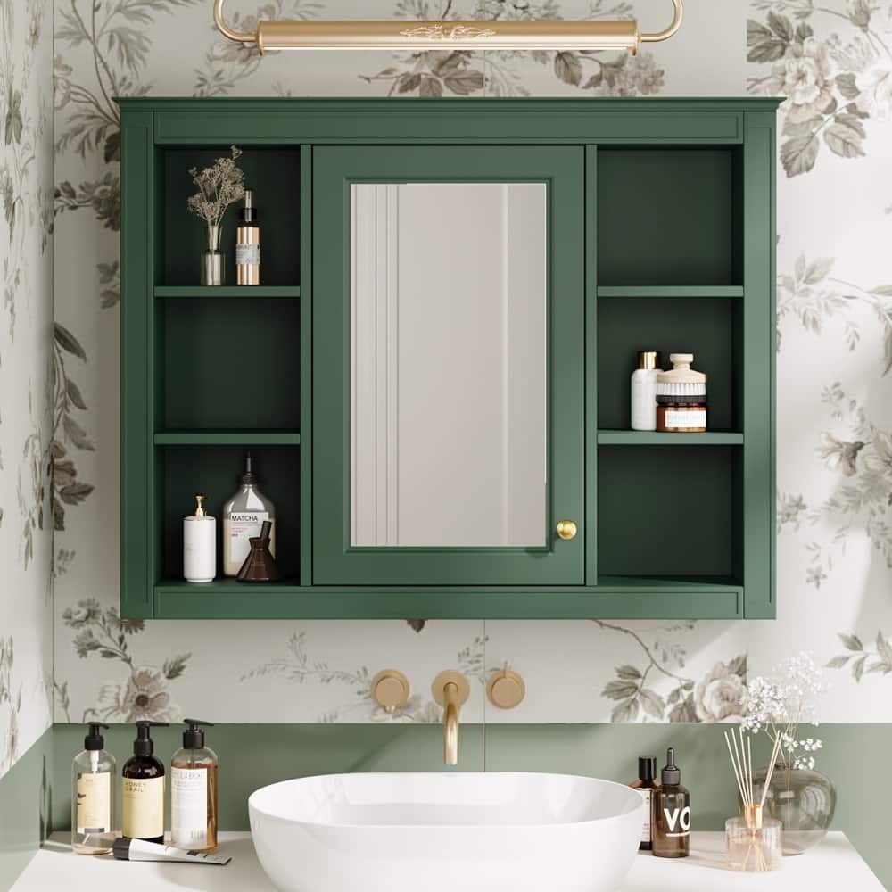 35'' Wall Mounted Bathroom Storage Cabinet with Mirror and 6 Open Shelves