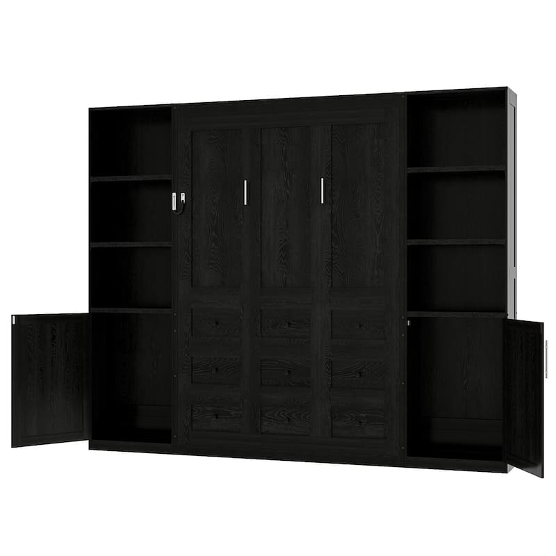 Queen Size Murphy Bed with 2 Storage Bookshelf, Cabinets, Platform Bookcase Bed, Space-Saving Cube Cabinet Bed