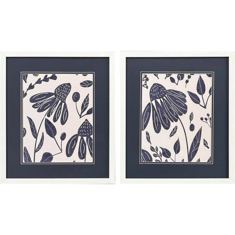 HomeRoots Set Of Two Denim Floral White Framed Wall Art