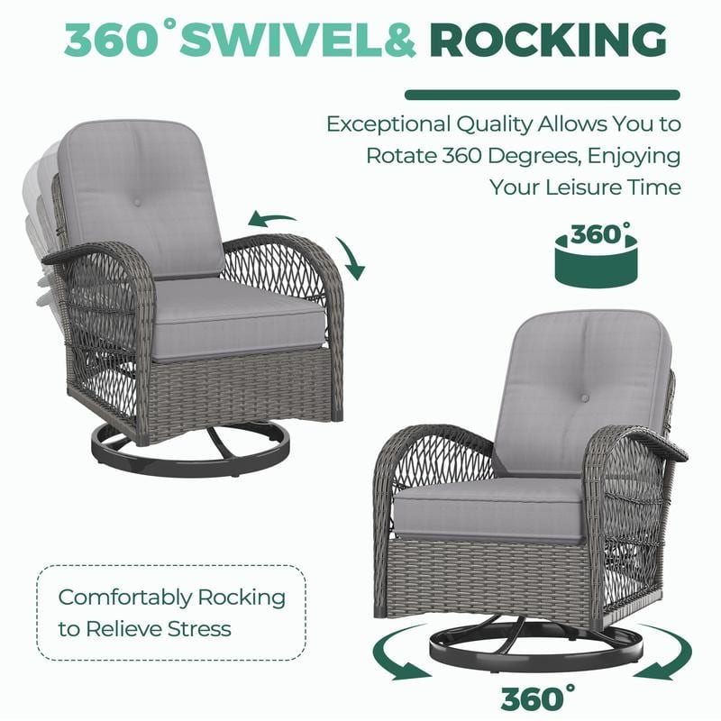 Outdoor Swivel Rocker Bistro Set - 3 Piece Wicker Patio Set with Swivel Rocking Chairs, Cushions, and Tempered Glass Side Table