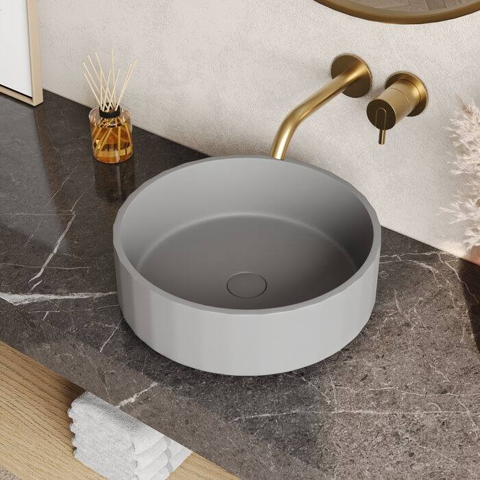 DeerValley 17" Bathroom Vessel Sink, Concrete Light Gray Vessel Sink, Round Above Counter Bathroom Sink - Grey