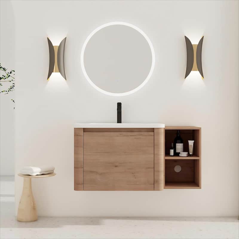 40'' Wall-Mounted Bathroom Vanity with White Ceramic Sink and Storage Shelves & 1-Soft-Close Door, KD-Packing, Plywood