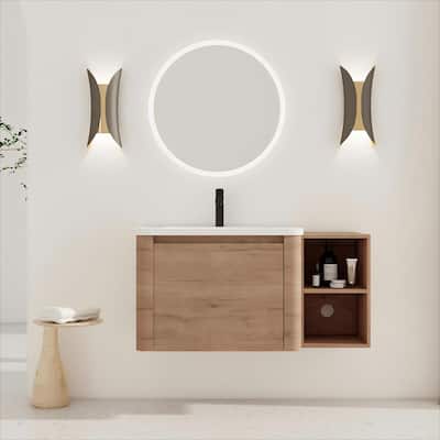40'' Wall-Mounted Bathroom Vanity with White Ceramic Sink and Storage Shelves & 1-Soft-Close Door, KD-Packing, Plywood