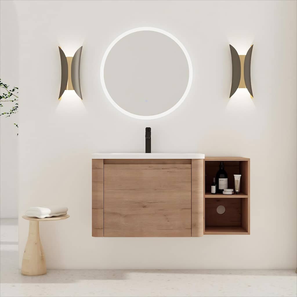 40'' Wall-Mounted Bathroom Vanity with White Ceramic Sink and Storage Shelves & 1-Soft-Close Door, KD-Packing, Plywood