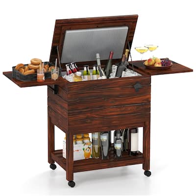 Rustic Brown Pine Wood Patio Cooler 54QT with Wheels and Folding Shelves - 50" L x 16.5" W x 29" H