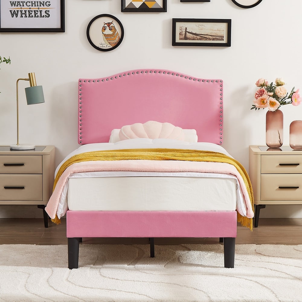 VECELO, Upholstered Platform Bed Frame with Adjustable Headboard, Twin/Full/Queen Size Beds, Pink