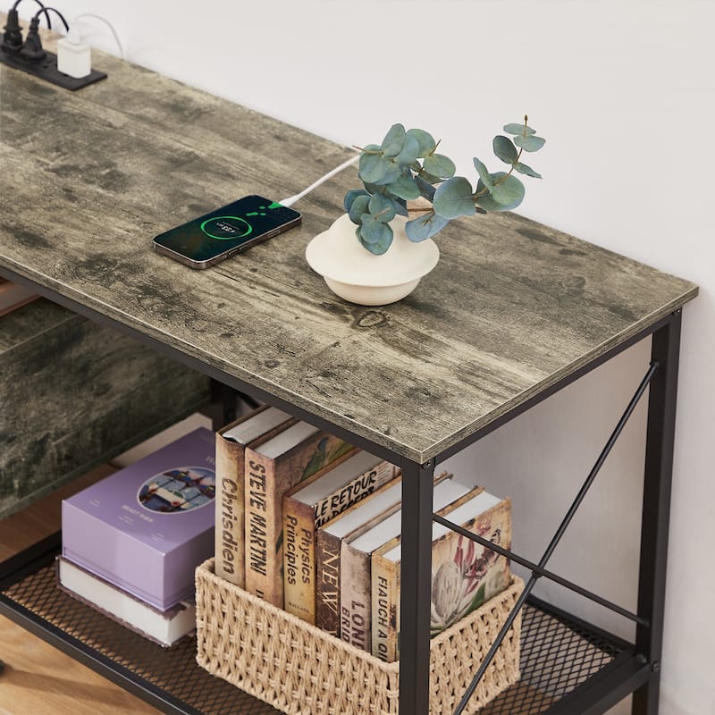 VECELO Wood TV Stand with Charging Station,Storage Shelves Entertainment Center TV Cabinet