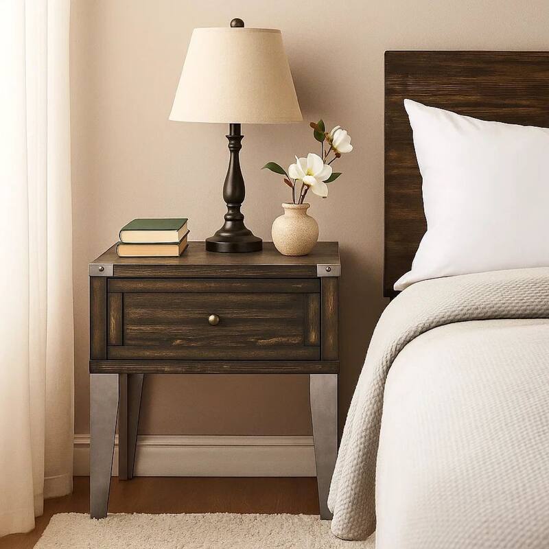 1 Drawer Wooden End Table with Metal Angled Legs, Brown