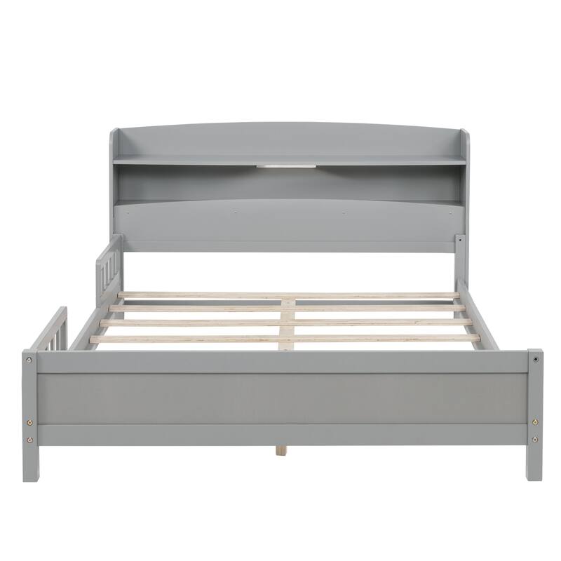 Full Size Pine Bed w/ Bookcase Headboard ,LED Sensor Light, Guardrails