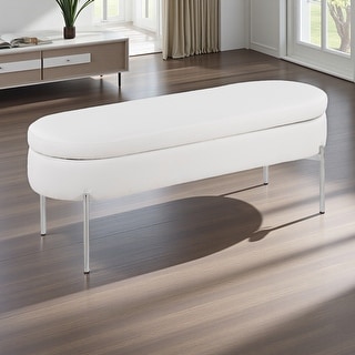 48"L Chloe Contemporary/Glam Bench in Chrome Metal and Faux Leather with Flip-Top Lid and Multi-Use Design
