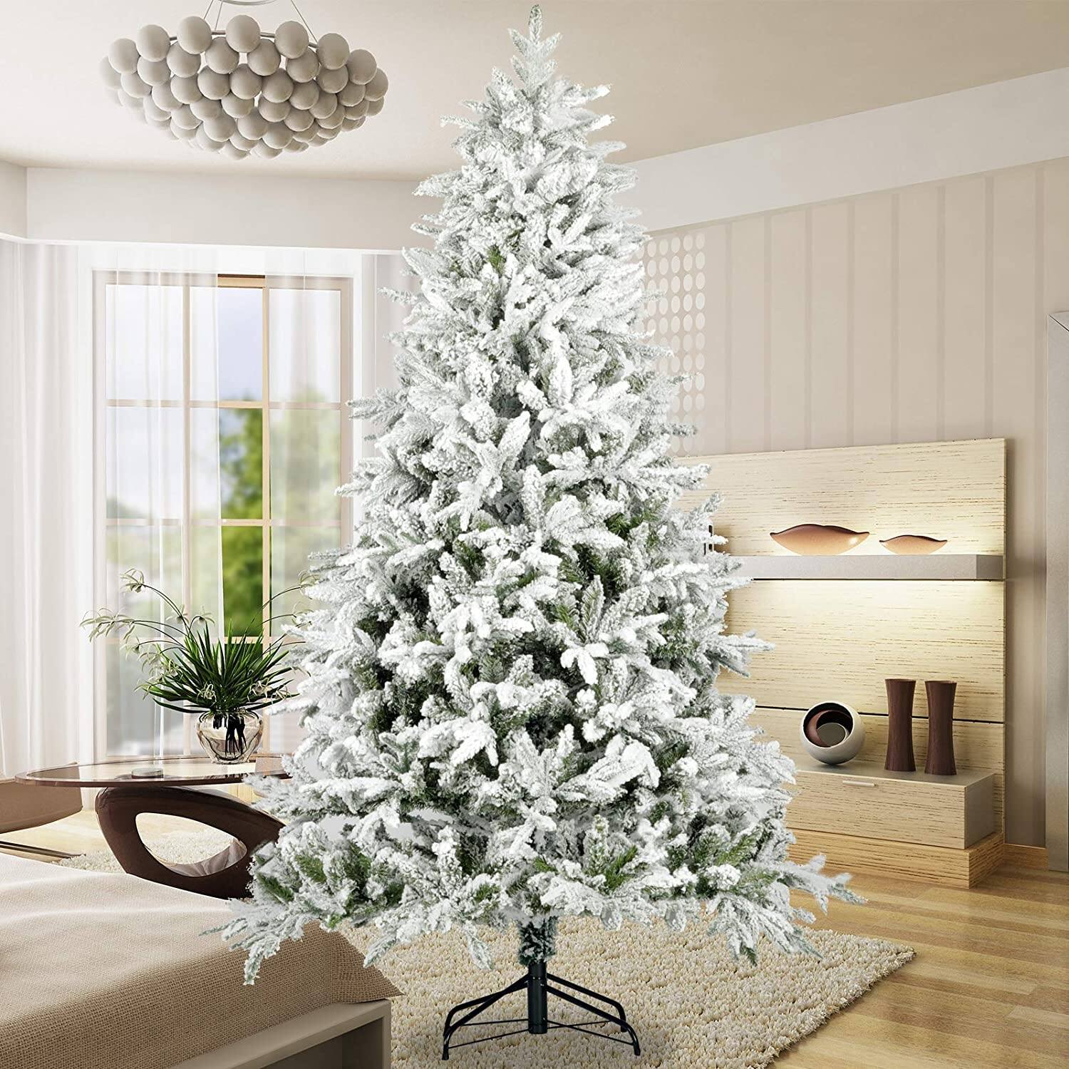 Snow Flocked Christmas Tree 7ft Artificial Hinged Pine Tree - White ...