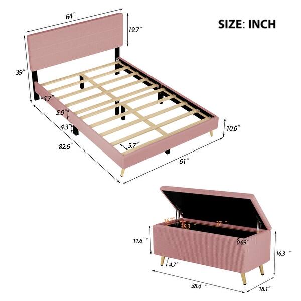 dimension image slide 1 of 2, Queen Upholstered Bed and Storage Ottoman Set, 2-Piece Bedroom Furniture