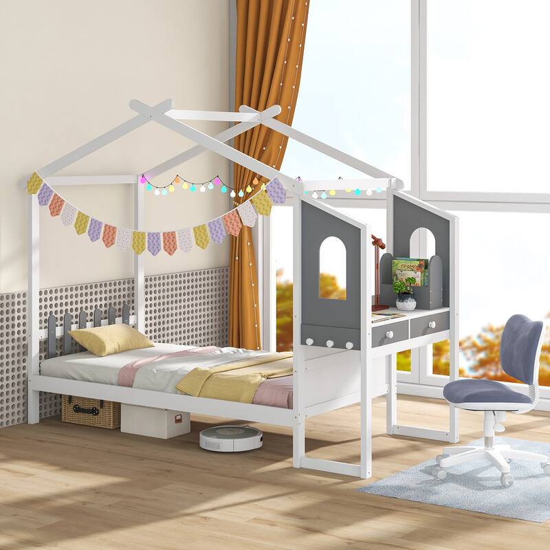 Gymax Twin Size Kids House Bed w/ Study Desk & Removable Box Drawers