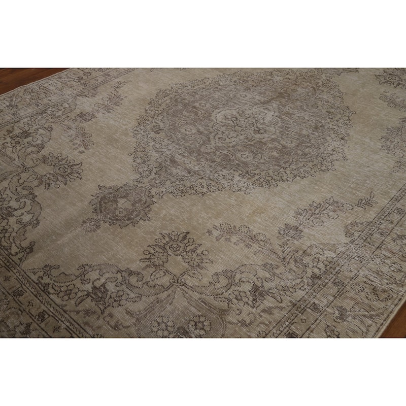 Distressed Tabriz Persian Area Rug Hand-Knotted Green Wool Carpet - 6'5" x 9'0"