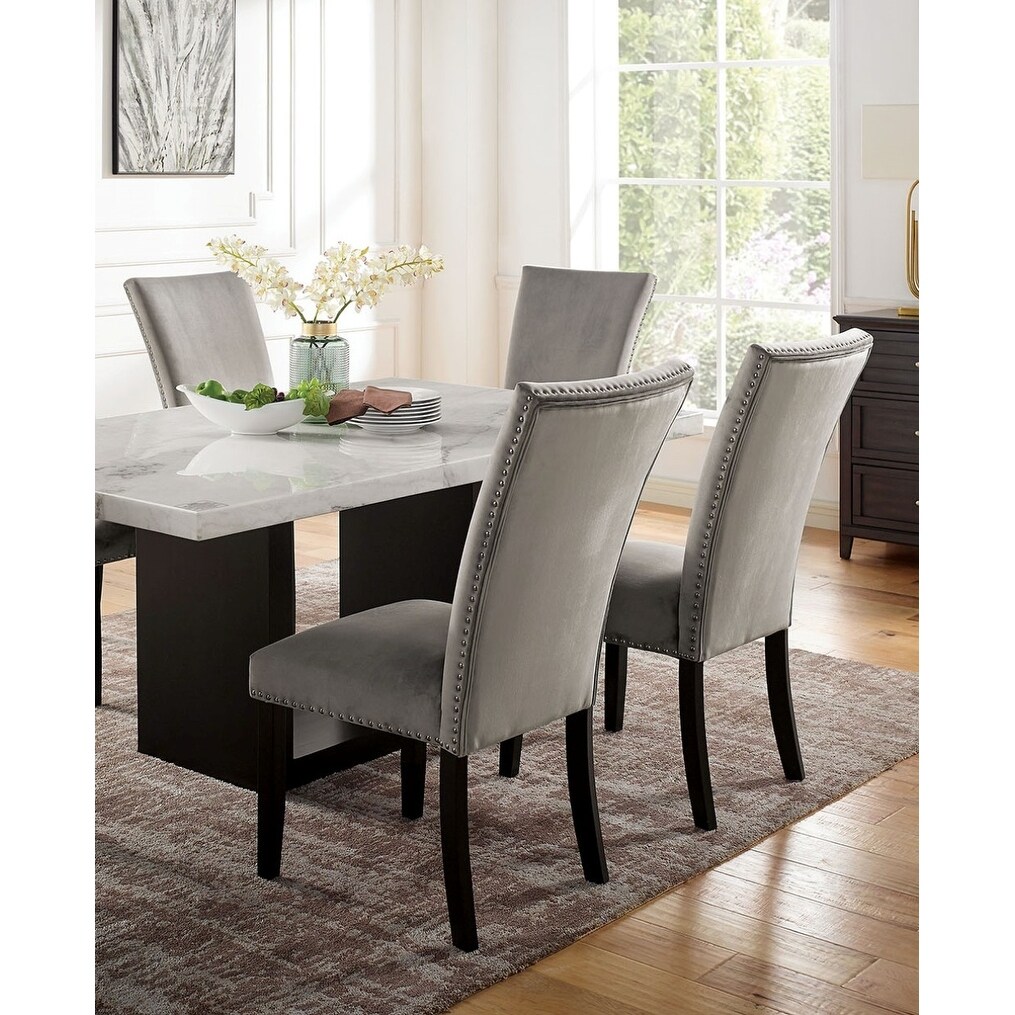 Gorgeous Marble Top Table w 6x Side Chairs Beige Fabric Upholstered Chair Dining Room 7pc Set Black Wooden Furniture