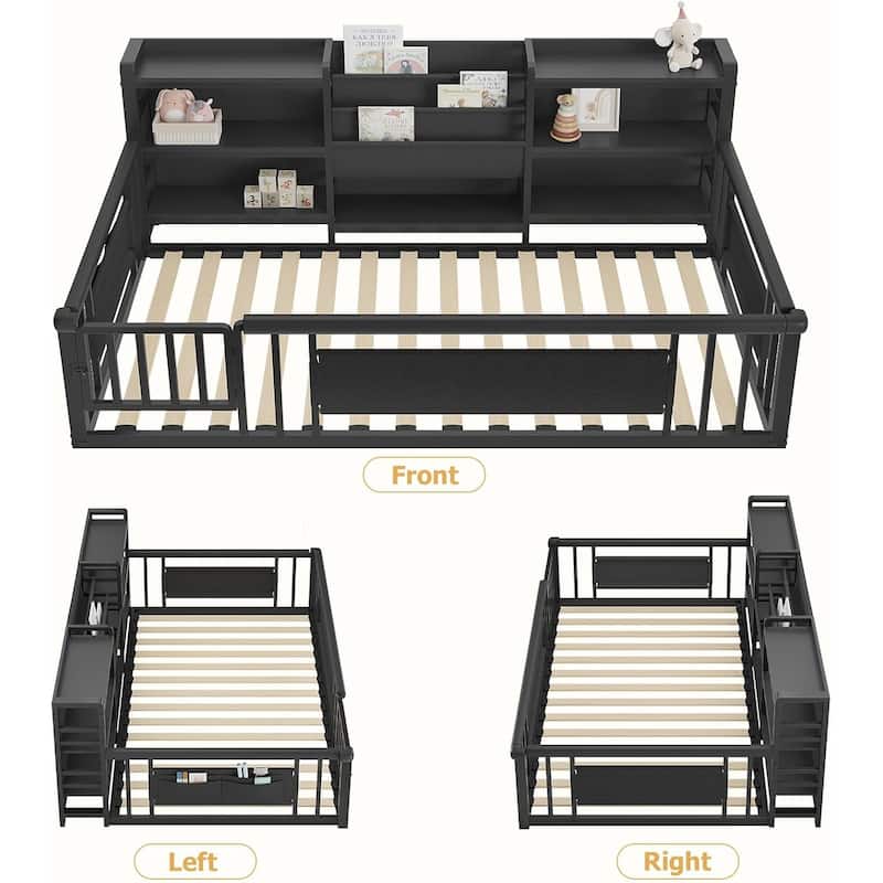 Twin Floor Bed for Kids with High Fence Door Storage Bookcase & Shelf