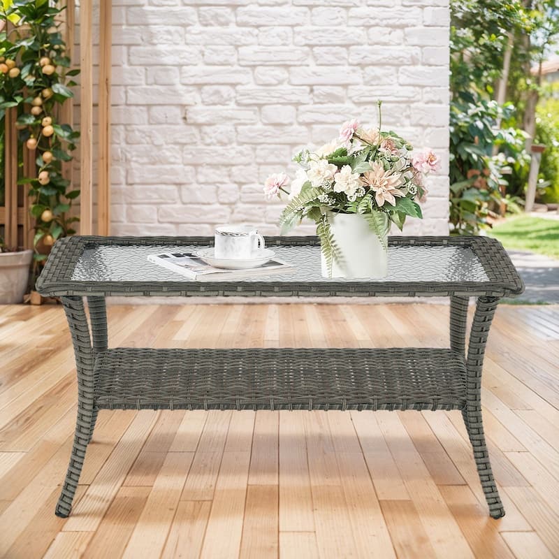 Stylish Outdoor Wicker Coffee Table with Glass Top