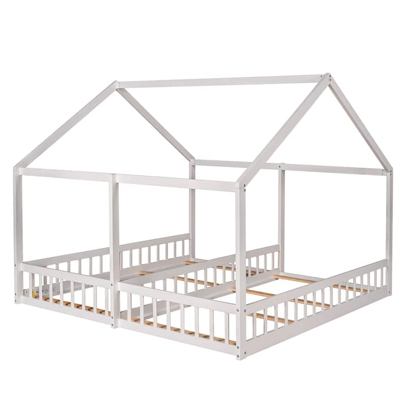 Twin Size Creativity House Bed, Double Twin Floor Bed Frame with Slat, Two Shared Beds, Wooden Kids Playhouse Bed Frame for 2