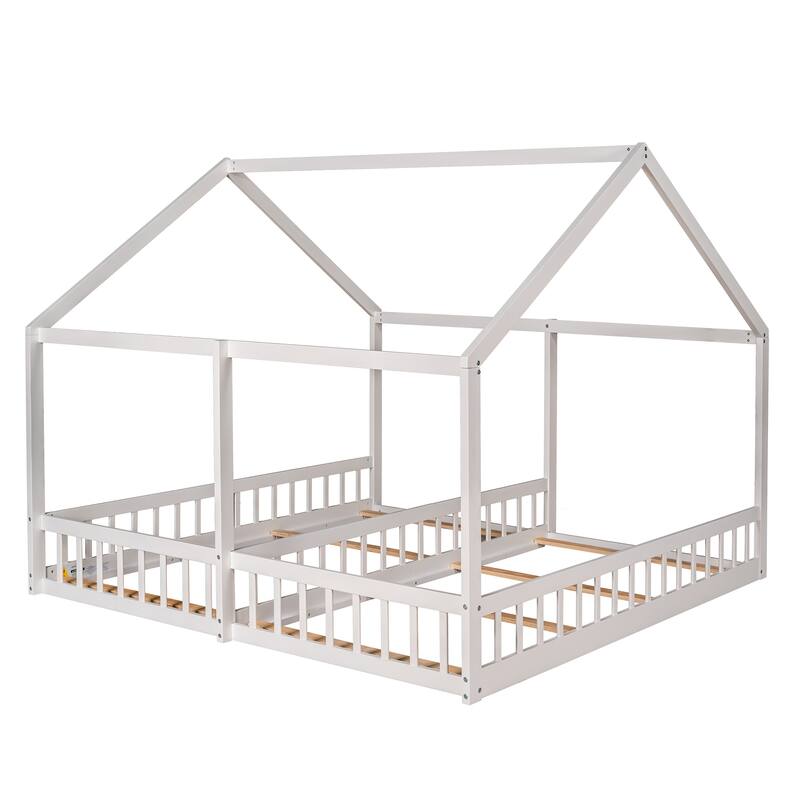 Twin Size House Platform Bed Frame with Fence,Two Shared Beds