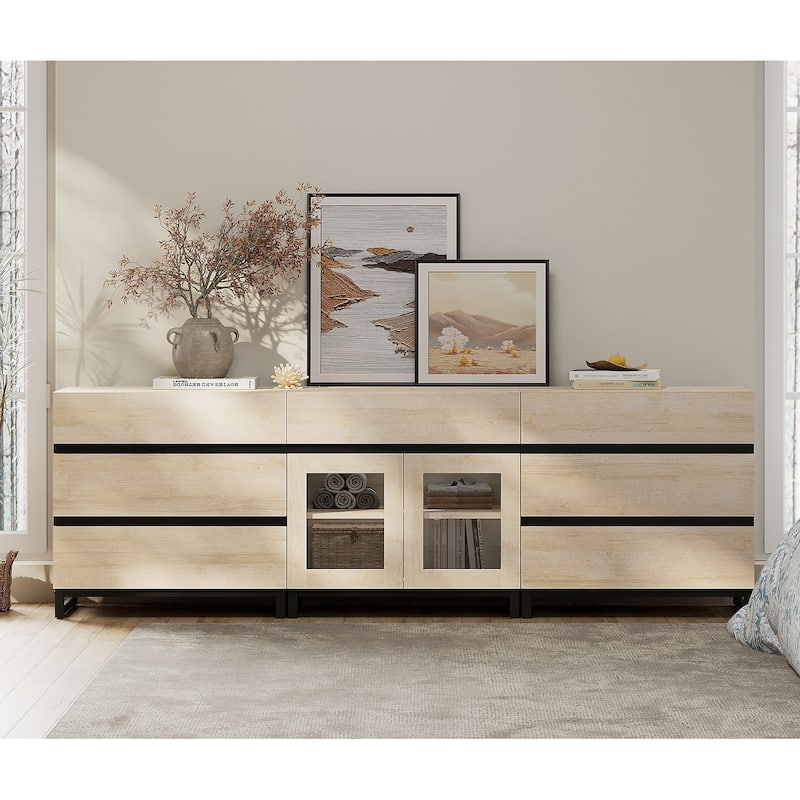 WAMPAT 3 in 1 Dresser with Glass Doors and 7 Drawers, Modern Chest of Drawers with Adjustable Shelf and Metal Base for Bedroom - Beige - 7-drawer