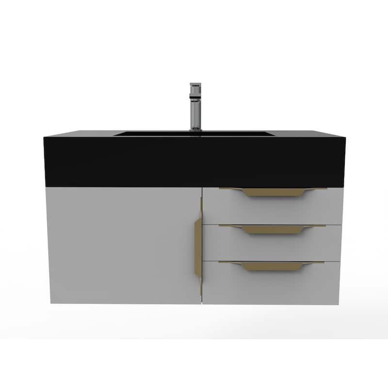 Nile 36" Wall Mounted Bathroom Vanity Set w/ Black Top - Grey - Gold Finish