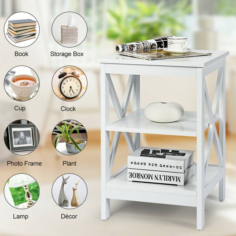 Gymax 3-Tier Nightstand End Table X Design Storage Display Shelf