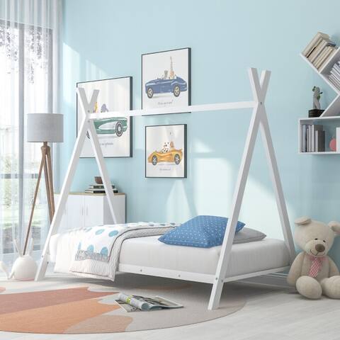 White Twin Metal Tent Bed Floor Play House Bed