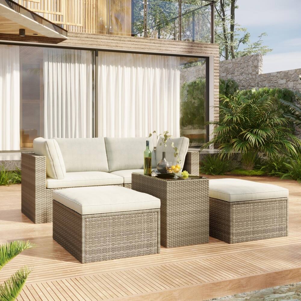 Outdoor Patio 5-Piece Rattan Sectional Sofa Set with Cushion Brown