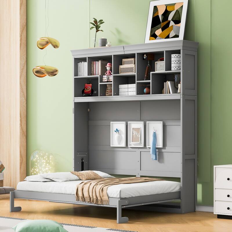 Queen Size Foldable Wall Bed with Shelves & USB, Space-Saving Design, Gray - Gray