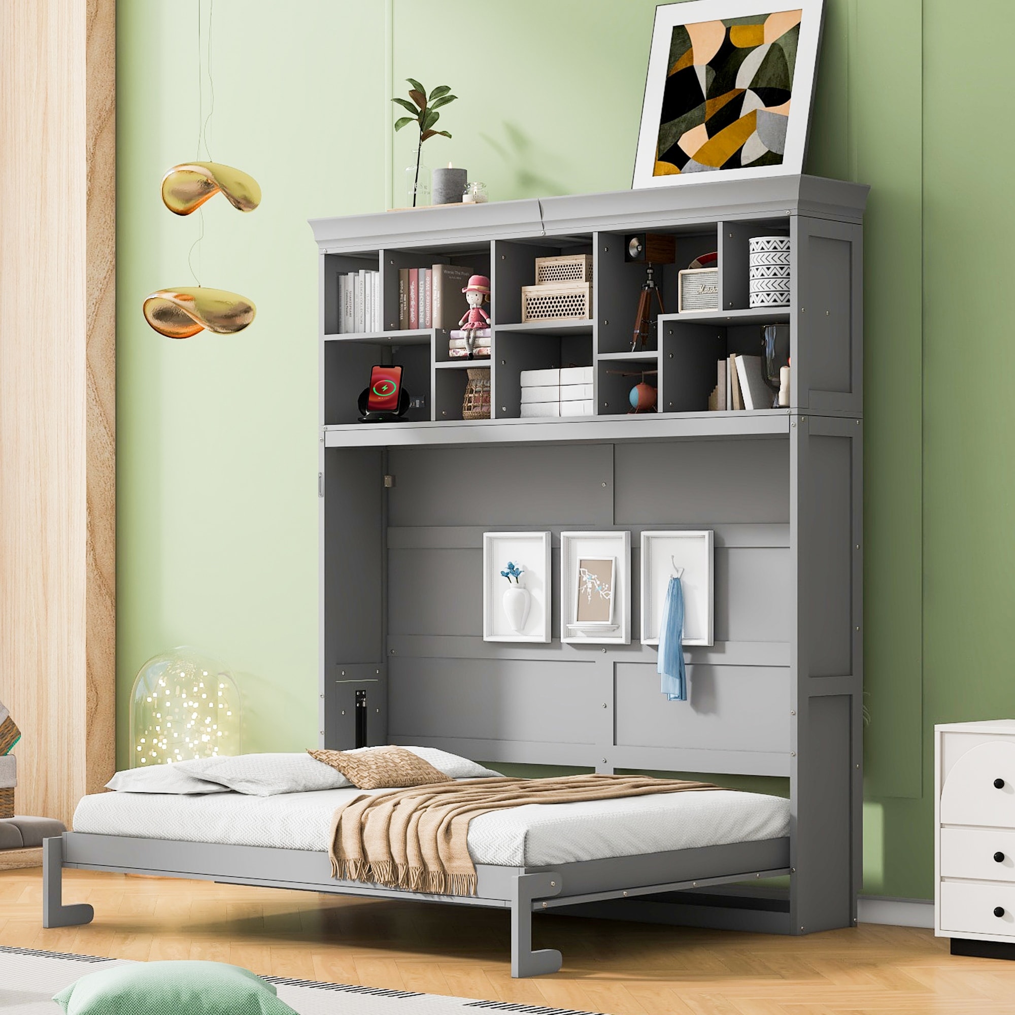 Queen Size Murphy Bed Wall Bed with Top Shelves & USB, Gray