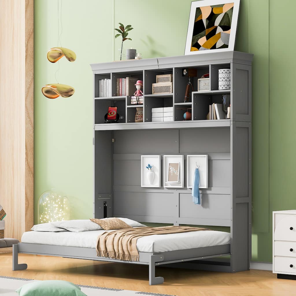Roomfitters Queen Size Murphy Bed with Shelves and USB Port, Space-Saving Wall Bed Cabinet