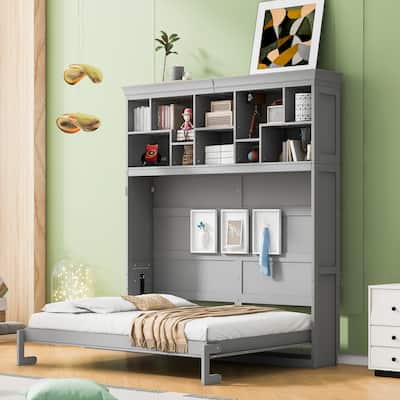 Wall Cabinet Bed Queen Murphy Bed with Top Shelves & Charging Station