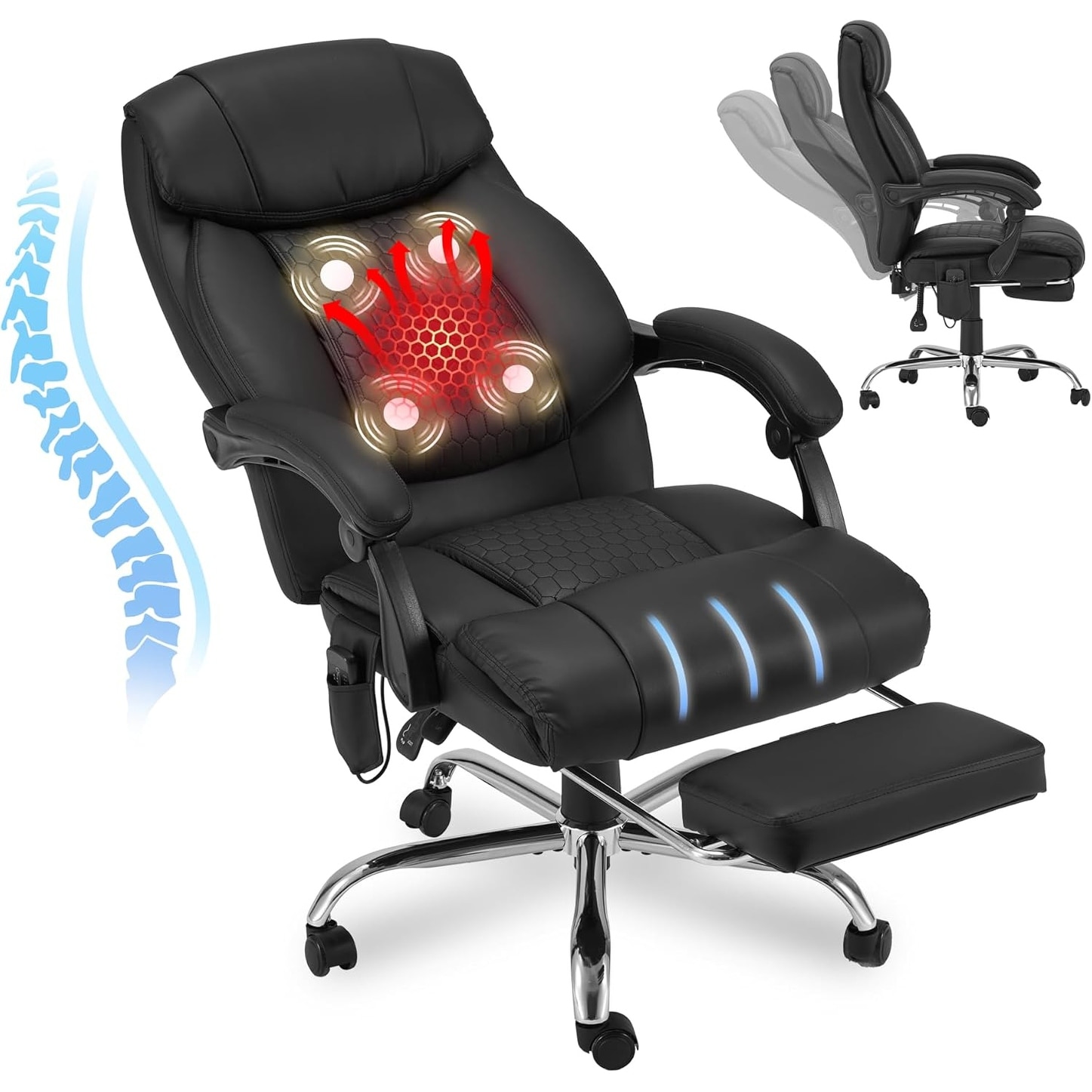 Executive Reclining Office Chair with Heated Massage and Footrest, Ergonomic Design for Home Office
