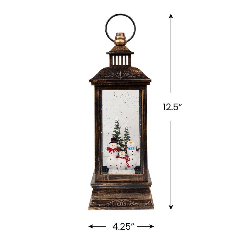 11" Black Brushed Gold LED Snowman Family Christmas Lantern Snow Globe