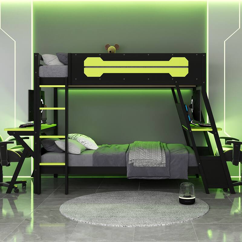 Gaming Bunk Bed Two Built-In Gaming Desks Each Side Loft Bed with USB Desktop Ports and Pegboard Organizer for Gaming Room Gamer